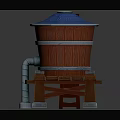 Wooden Barrel Structure With Blue Top Red Body Wooden Ladder And Metal Pipe