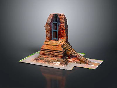 Scenic View of Ancient Red Brick Ruin with Broken Walls Window Steps Against Dark Background 3d model