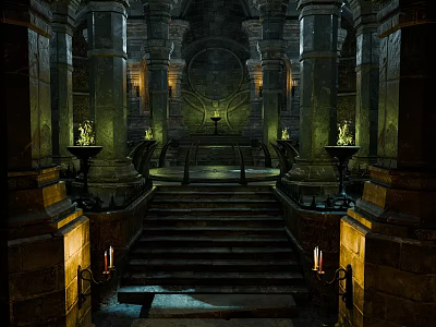 Ancient Stone Temple Chamber with Tall Columns Steps and Burning Torches 3d model