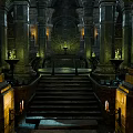 Ancient Stone Temple Chamber with Tall Columns Steps and Burning Torches