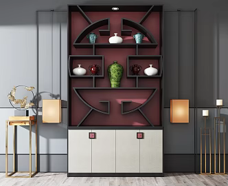 New Chinese Decorative Cabinet Decorative Cabinet Antique Frame Floor Lamp Combination 3d model