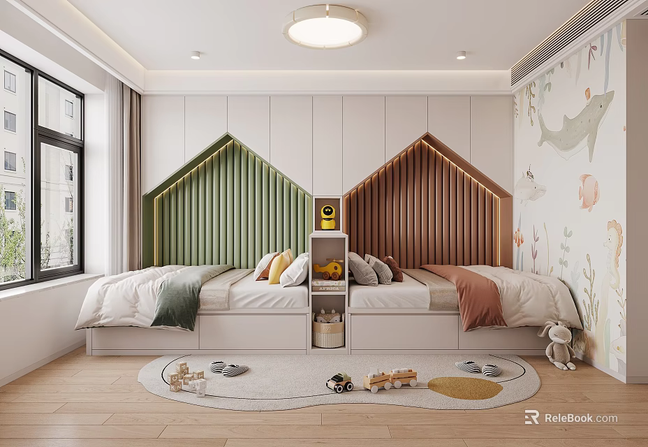 Cozy Tatami Bedroom Interior With Twin Beds Storage Rug And Wall Decor 3d model 