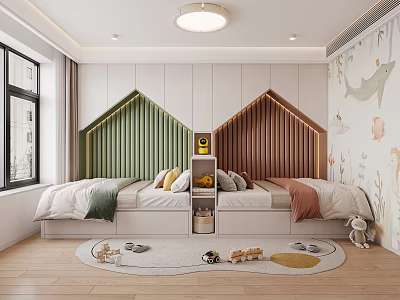 Cozy Tatami Bedroom Interior With Twin Beds Storage Rug And Wall Decor 3d model