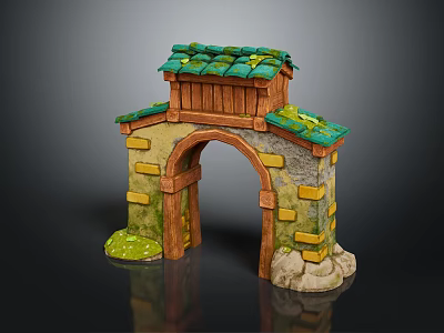 Cartoon Scene Archway With Green Tiled Roof Wooden Top Yellow Gray Bricks Grass Stone Decorations 3d model