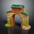 Cartoon Scene Archway With Green Tiled Roof Wooden Top Yellow Gray Bricks Grass Stone Decorations