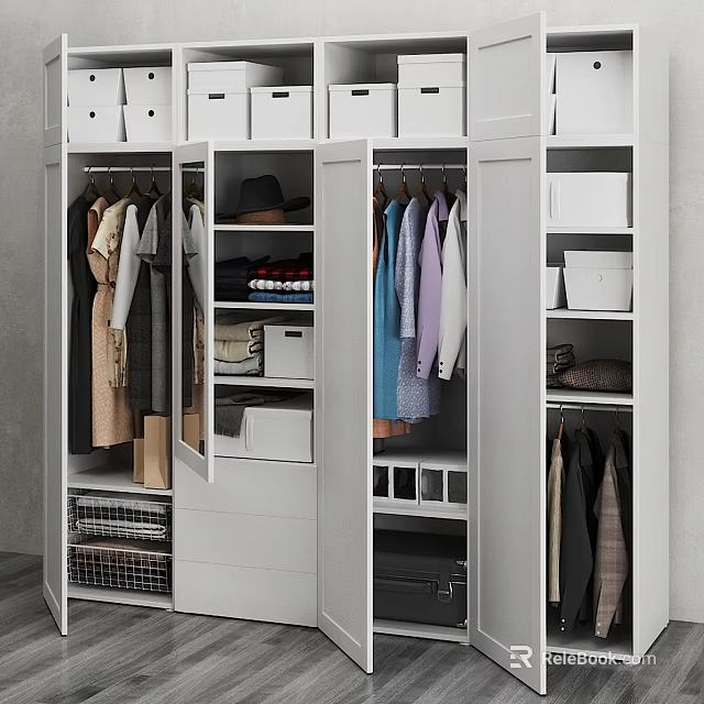 Modern White Wardrobe With Open Storage Hanging Clothes Drawers And Boxes 3d model