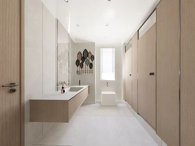 Modern Public Restroom Interior With Wooden Stalls Sink Counter And Mirrors 3d model