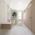 Modern Public Restroom Interior With Wooden Stalls Sink Counter And Mirrors