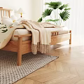 Wooden Double Bed Interior With Slatted Headboard White Pillows Floral Blanket And Bedside Tables