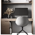 Modern Desk With Computer Monitor Gray Chair Decorative Vase Dried Pampas Grass And Wall Clock
