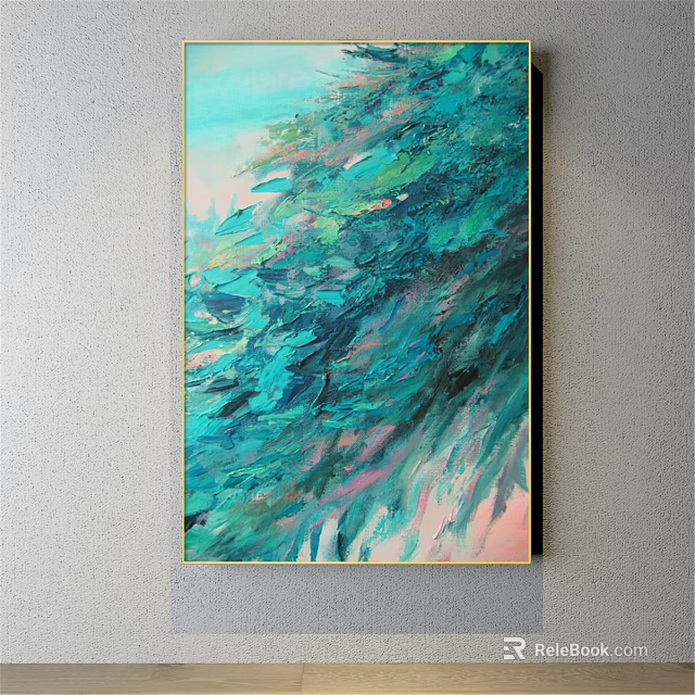 Abstract Painting With Dynamic Teal And Pink Textured Brushstrokes Modern Wall Art 3d model 