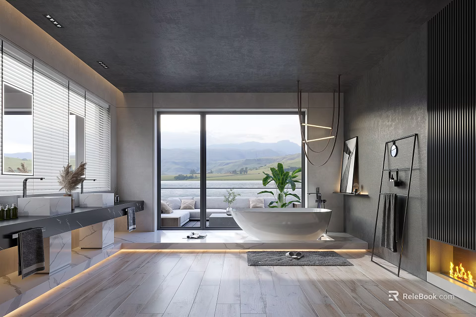 Modern Bathroom Interior With Gray Tone Large Window Bathtub Vanity Plant Mirror And Wooden Floor 3d model 