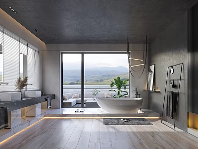 Modern Bathroom Interior With Gray Tone Large Window Bathtub Vanity Plant Mirror And Wooden Floor 3d model