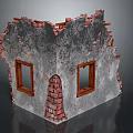 Old Brick Wall Corner With Wooden Window Frames And Peeling Plaster 3d model