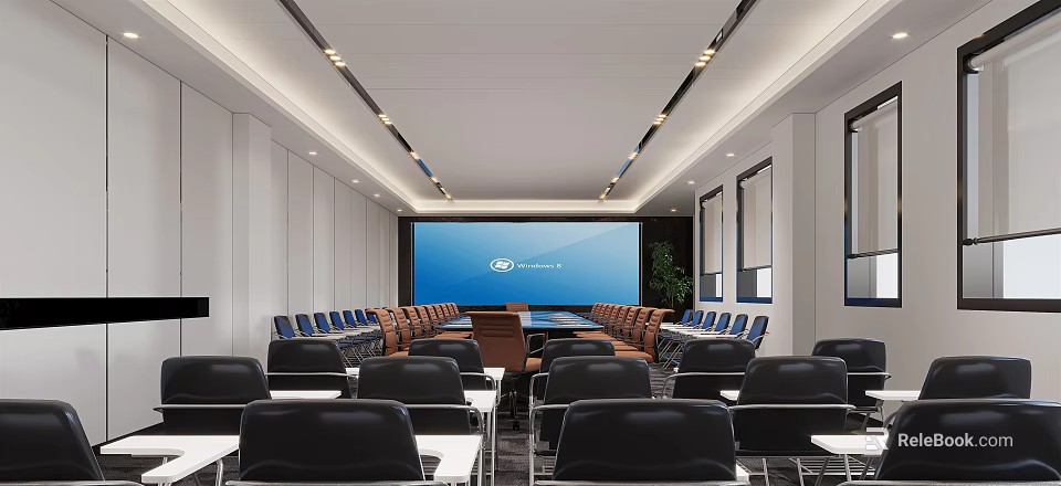 Modern Conference Room Interior With Large Screen Blue Seats White Walls And Lighting 3d model 