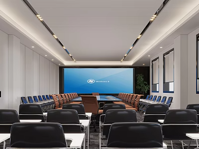 Modern Conference Room Interior With Large Screen Blue Seats White Walls And Lighting 3d model