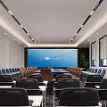Modern Conference Room Interior With Large Screen Blue Seats White Walls And Lighting