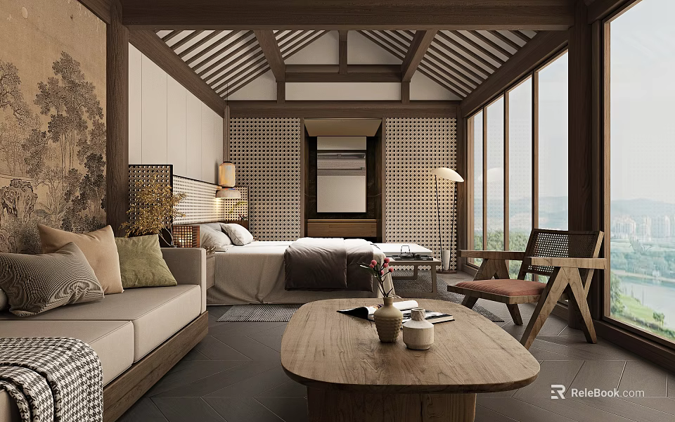 Chinese Style Hotel Guest Room With Sofa Bed Coffee Table Scenic View Traditional Wooden Decor 3d model 