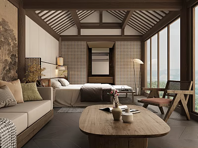Chinese Style Hotel Guest Room With Sofa Bed Coffee Table Scenic View Traditional Wooden Decor 3d model