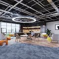 Modern Lounge Area Interior With Circular Ceiling Light Sofas Chairs And Green Plants