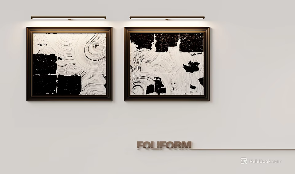 Modern Black and White Textured Abstract Paintings Framed on White Wall 3d model