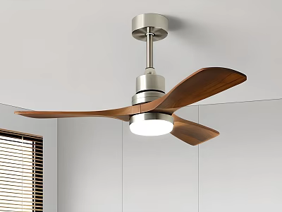 Modern Ceiling Chandelier with Wooden Blades and Metal Base in White Interior Setting 3d model