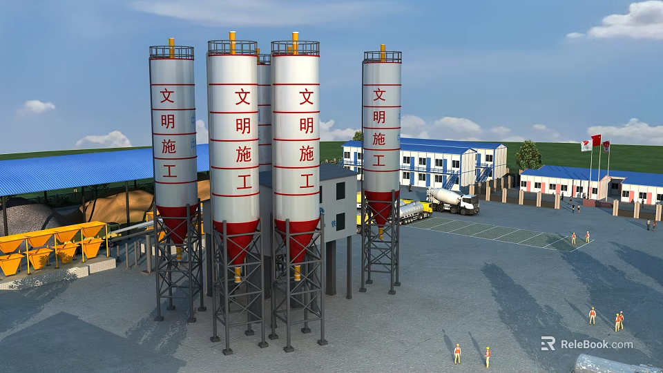 Industrial Factory Plant With Tall Silos Construction Site Trucks Buildings And Outdoor Area 3d model 