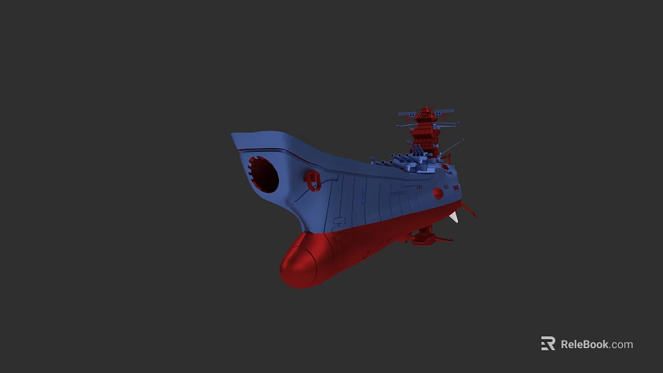 Blue and Red Warship 3D Model with Deck Bridge and Guns 3d model