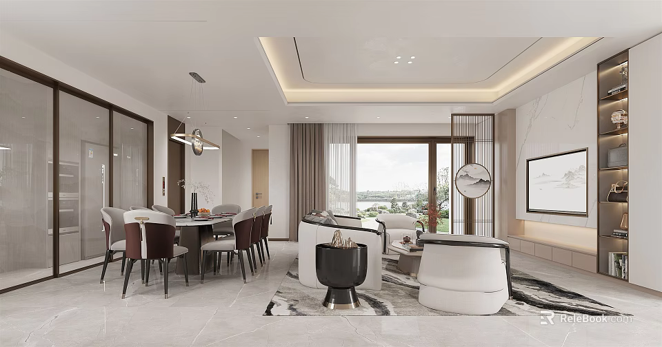 Modern Dining Living Room Interior With Dining Table Sofa Floor to Ceiling Windows and Decorative Mirror 3d model 