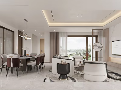 Modern Dining Living Room Interior With Dining Table Sofa Floor to Ceiling Windows and Decorative Mirror 3d model