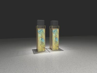 Two Display Shelves With Golden Frame And Blue Patterns On Gray Floor Dark Background 3d model