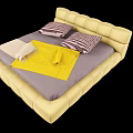 Double Bed With Yellow Bedhead Gray Mattress Striped Pillows And Yellow Beige Blankets