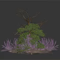Three Different Plants Featuring Bare Tree Purple Flowering Bush And Green Leafy Tree