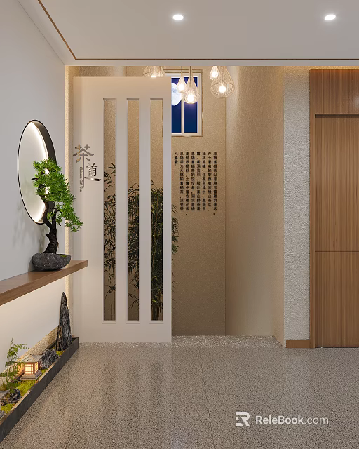 Chinese Style Elevator Hallway With White Slatted Screen Round Mirror Calligraphy Art And Potted Plant 3d model 