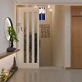 Chinese Style Elevator Hallway With White Slatted Screen Round Mirror Calligraphy Art And Potted Plant