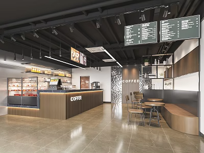 Modern Café Interior Design With Coffee Bar Counter Menu Boards And Seating Area 3d model