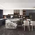 Modern Open Concept Kitchen Interior With Marble Island Cabinets And Dining Chairs 3d model