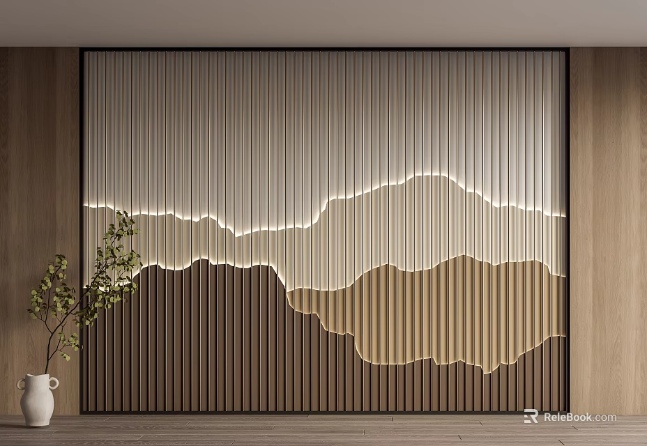 Modern Background Wall Design With Vertical Slats Gradient Colors And Mountain Outline Lighting 3d model 