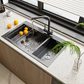 Modern Kitchen Double Bowl Sink with Faucet Lemons and Green Plant on Countertop