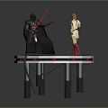 Black Cloaked Character With Red Lightsaber And Yellow Outfitted Figure Standing On Circular Platform