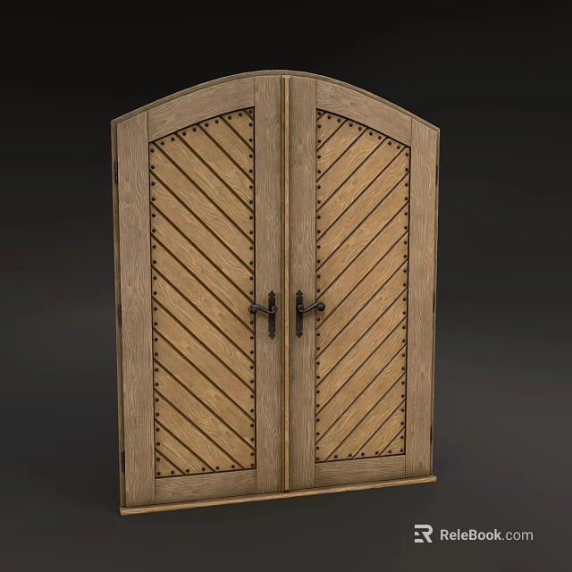 Traditional Wooden Double Doors With Diagonal Pattern Metal Rivets And Black Handles 3d model 