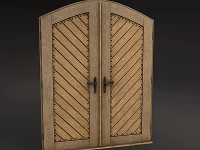 Traditional Wooden Double Doors With Diagonal Pattern Metal Rivets And Black Handles 3d model