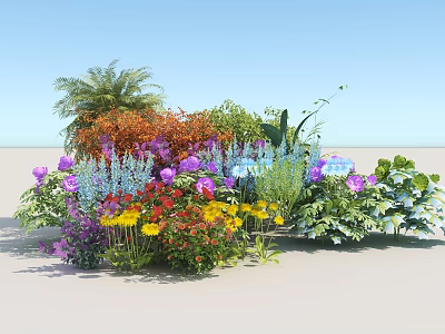 Colorful Garden Flowers And Green Plants With Purple Yellow Red Blooms And Lush Foliage 3d model