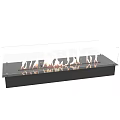 Modern Fireplace with Transparent Glass Panels and Burning Flames in Black Base Design