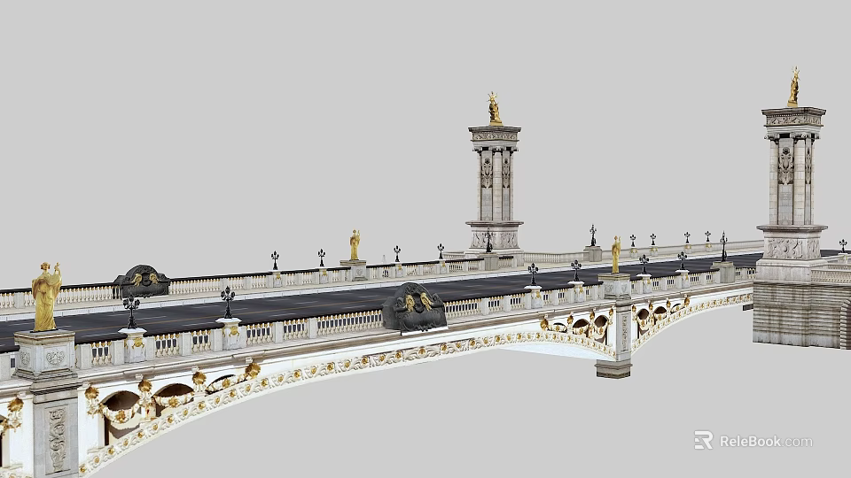 Ornate Bridge With Decorative Lamps Statue And Arch Structure Design 3d model 