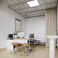 Modern Office Interior With Desk Chair Computer Wall Art Curtains And Sink