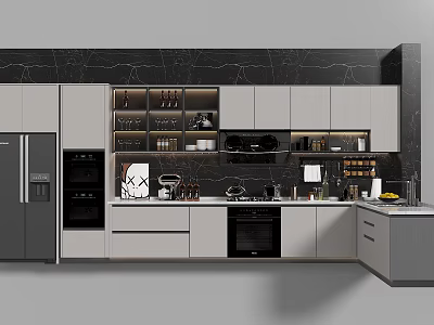 Modern Kitchen With Gray Cabinets Black Marble Wall Built-in Appliances And Cookware On Island Counter 3d model