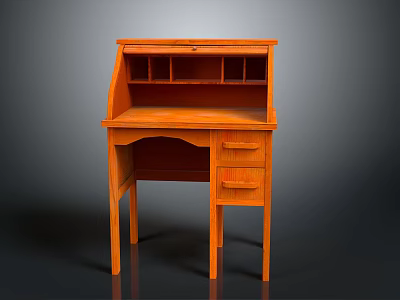 Orange Wooden Writing Desk With Open Top Shelves And Drawers 3d model