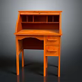 Orange Wooden Writing Desk With Open Top Shelves And Drawers