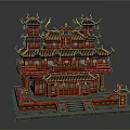 Cartoon Chinese Red Palace With Multi Story Pavilion Golden Decorations Curved Eaves And Hanging Lanterns